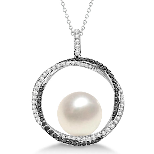 This lovely circle pendant necklace features 2 intertwined circles of white and black diamonds holding stunning near-round Paspaley South Sea cultured pearls.A pendant necklace with sparkle and sophistication 12mm white to cream colored Paspaley South Sea pearls are sitting pretty especially with the addition of 0.623ctw of white and fancy black diamonds.With a total of 51 diamonds of G-H quality this 14K white gold pearl and diamond necklace makes the perfect gift. Make it part of a lovely pearl set by adding matching hanging earrings (sold separately). A matching chain is included with this stunning pendant.
