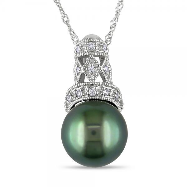 Black Tahitian Pearl w/ Diamond Crown Necklace 14k White Gold 9-9.5mm selling at $575.00 at Allurez, marked down from $1050.00. Price and availability subject to change.