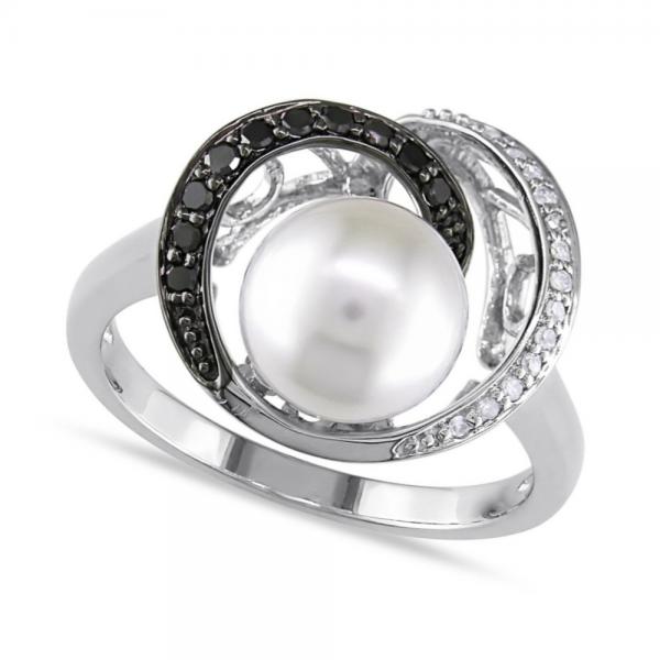 This Freshwater pearl and black and white diamond swirl ring features approximately 0.14 carats of dazzle and fire. One solitaire 8-8.5 cultured round pearl is surrounded by a gentle swirl of genuine black and white diamonds each pave set to show their very best shine. This pearl and diamond ring makes a thoughtful friendship fashion or right hand ring that's sure to please.