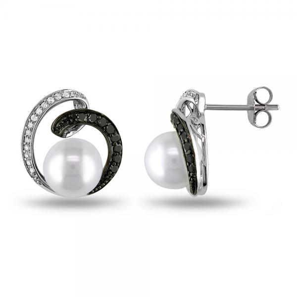 lovely swirl design of black and white diamonds surround genuine cultured Freshwater pearls in these unique post earrings.24 conflict free white diamonds and an equal number of black diamonds nestle in an artistically crafted 14k white gold earring setting.Set ablaze with a total weight of approximately 0.24 carats these 8-8.5mm cultured round Freshwater pearl earrings illuminate with luster and beauty.