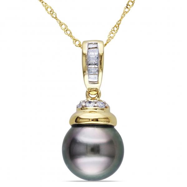 Black Tahitian Pearl and Diamond Pendant Necklace 14k Y. Gold 9.5-10mm selling at $765.00 at Allurez, marked down from $1530.00. Price and availability subject to change.