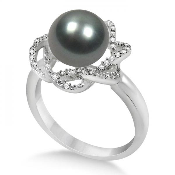 Diamond and Black Tahitian Pearl Floral Ring 14K White Gold 10-11mm selling at $1950.00 at Allurez, marked down from $4363.68. Price and availability subject to change.