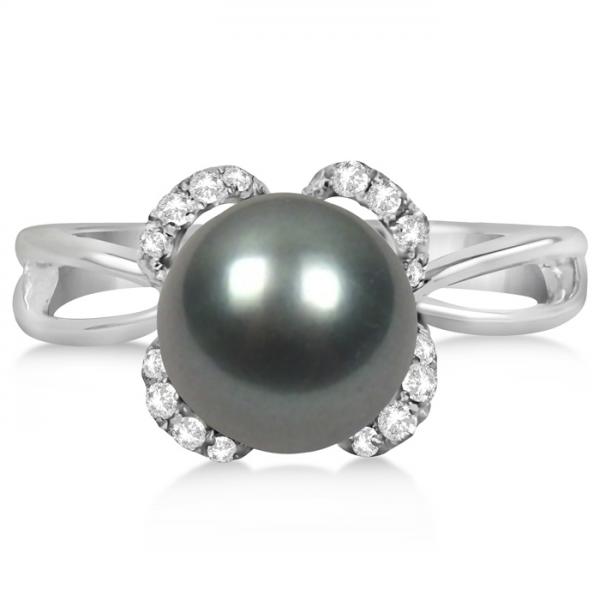 Diamond and Black Tahitian Pearl Ring Floral 14K White Gold 8-9mm selling at $1236.25 at Allurez, marked down from $2472.50. Price and availability subject to change.