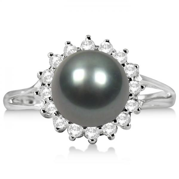 Grey Black Tahitian Pearl and Diamond Halo Ring 14K White Gold 8-9mm selling at $1381.78 at Allurez, marked down from $2763.56. Price and availability subject to change.