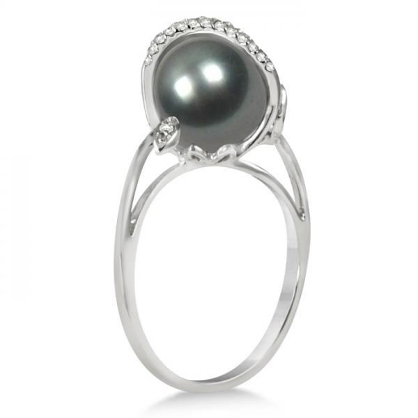 Grey Black Tahitian Pearl and Diamond Twist Ring 14K White Gold 9-10mm selling at $621.96 at Allurez, marked down from $1243.92. Price and availability subject to change.