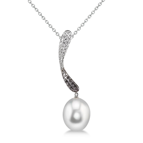 An artistic twist of black and white diamonds add a unique turn to this white cultured Freshwater pearl drop pendant. A wave of 42 pave set white and fancy black diamonds with a total of 0.27 carats add shimmering light to a single cultured Freshwater pearl of 9-9.5mm.This 14K white gold pearl and diamond twist pendant necklace comes with a lovely 18 inch matching gold chain.