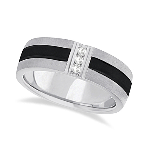 Mens Black Rhodium Striped Diamond Wedding Band 18kt White Gold (0 ...