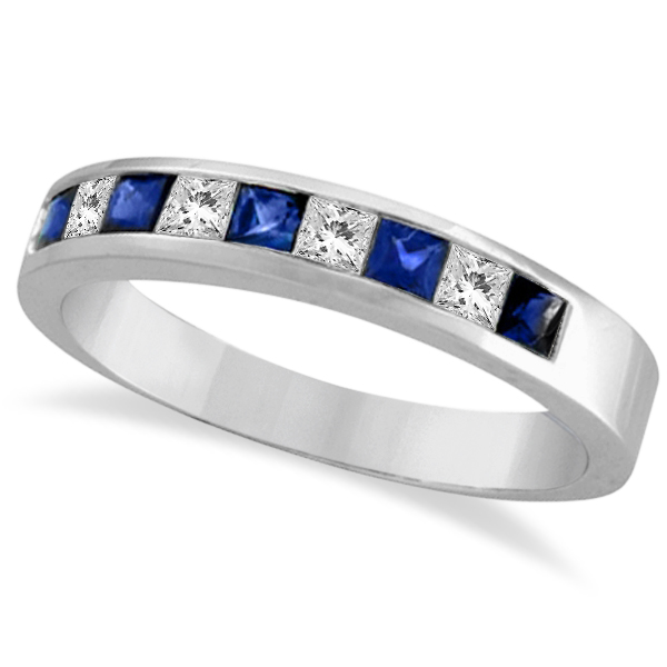 PrincessCut ChannelSet Diamond Sapphire Ring Band 14k White Gold 100008 