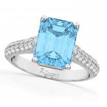 Emerald-Cut Blue Topaz and Diamond Ring 14k White Gold (5.542ct)