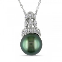Black Tahitian Pearl w/ Diamond Crown Necklace 14k White Gold 9-9.5mm
