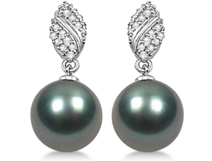 Tahitian Cultured Pearl & Diamond Drop Earrings 14K White Gold 12mm by Allurez.