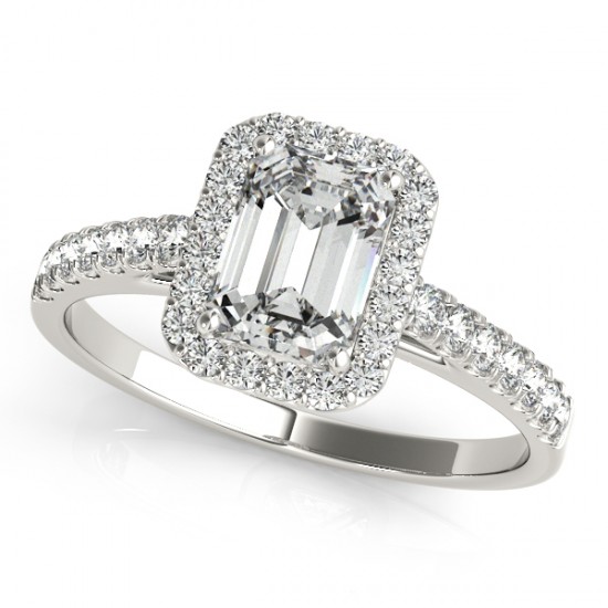 Diamond Halo Emerald-Cut Engagement Ring 14k White Gold by Allurez.