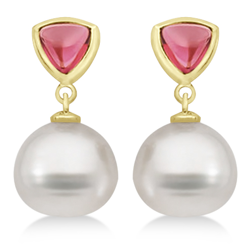 Rhodolite Garnet & South Sea Pearl Drop Earrings 14K Yellow Gold from Allurez.