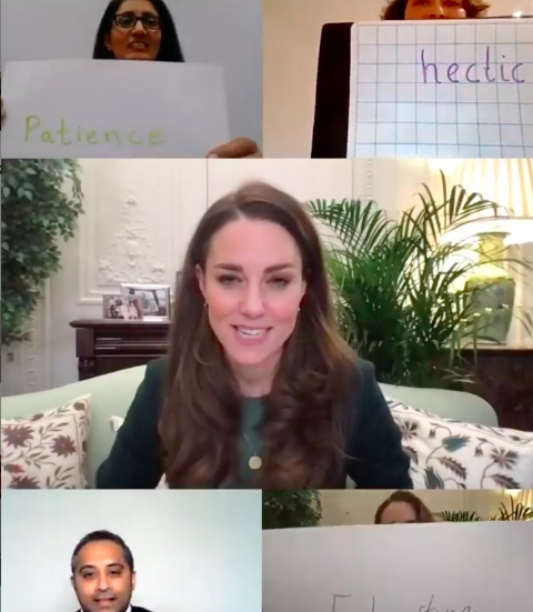 Duchess Kate talking with the parents this week. Photo: Screenshot.