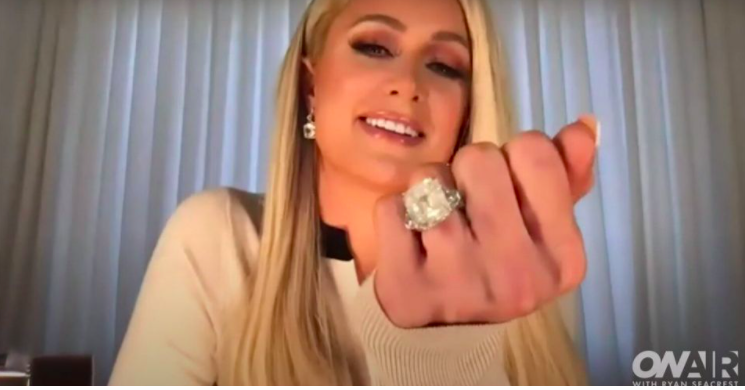 Paris Hilton showing off her engagement ring during her "On Air with Ryan Seacrest" interview. Photo: Screenshot.