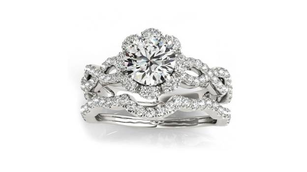 a halo diamond engagement and wedding ring