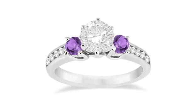 a three-stone amethyst and diamond engagement ring