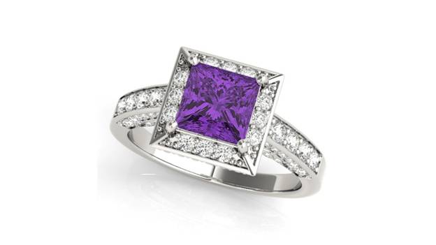 a princess cut diamond and amethyst engagement ring