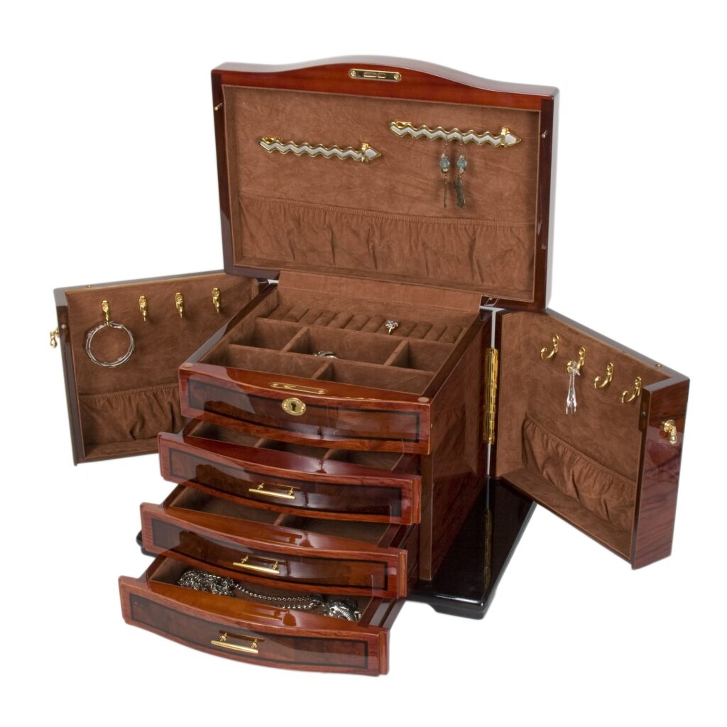 Burlwood Inlay Jewelry Chest w Necklace Hooks & Espresso Faux Suede