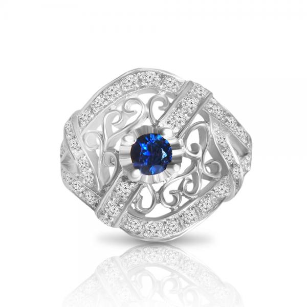 Blue Sapphire & Diamond Filigree Fashion Ring 18k White Gold (0.71ct)