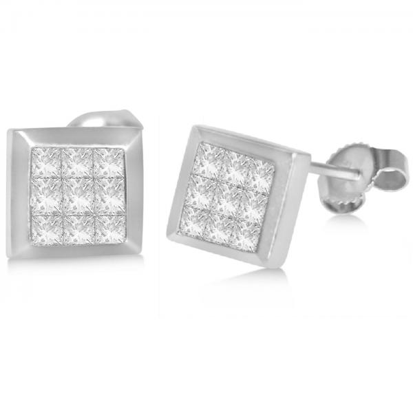 Diamond Invisible Set Princess Stud Earrings in 14k White Gold (0.86ct)