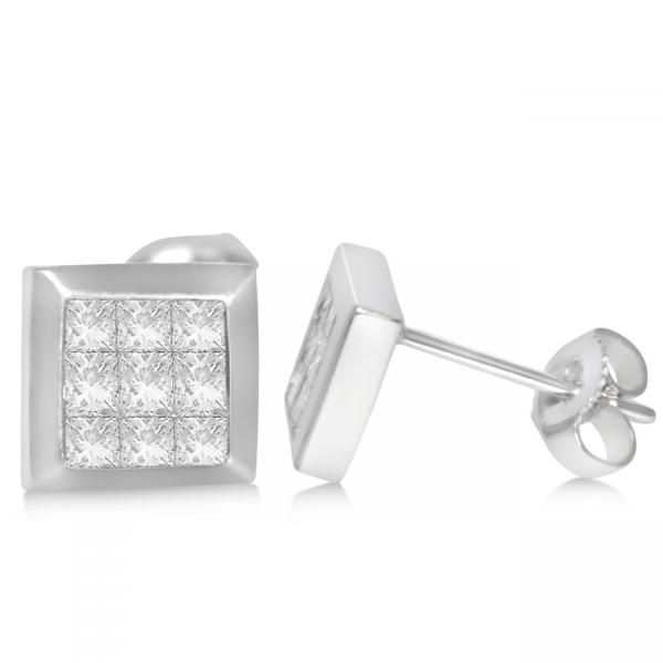 Diamond Invisible Set Princess Stud Earrings in 14k White Gold (0.86ct)
