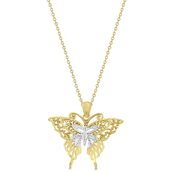 Butterfly Shaped Pendant Necklace 14K Two-Tone Gold