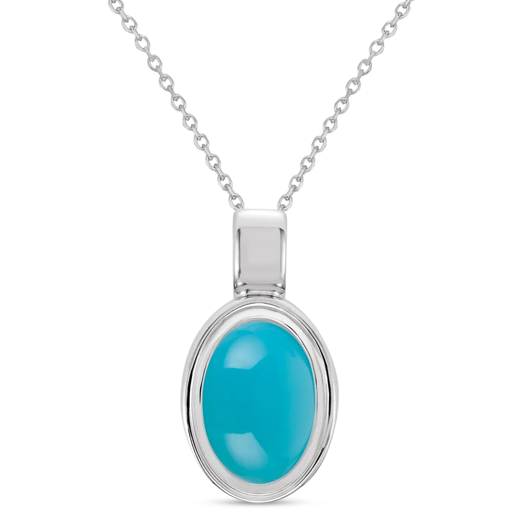Oval Natural Cabochon Turquoise Pendant Necklace 14K White Gold (0.83ct)