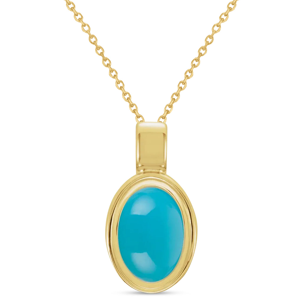 Oval Natural Cabochon Turquoise Pendant Necklace 14K Yellow Gold (0.83ct)