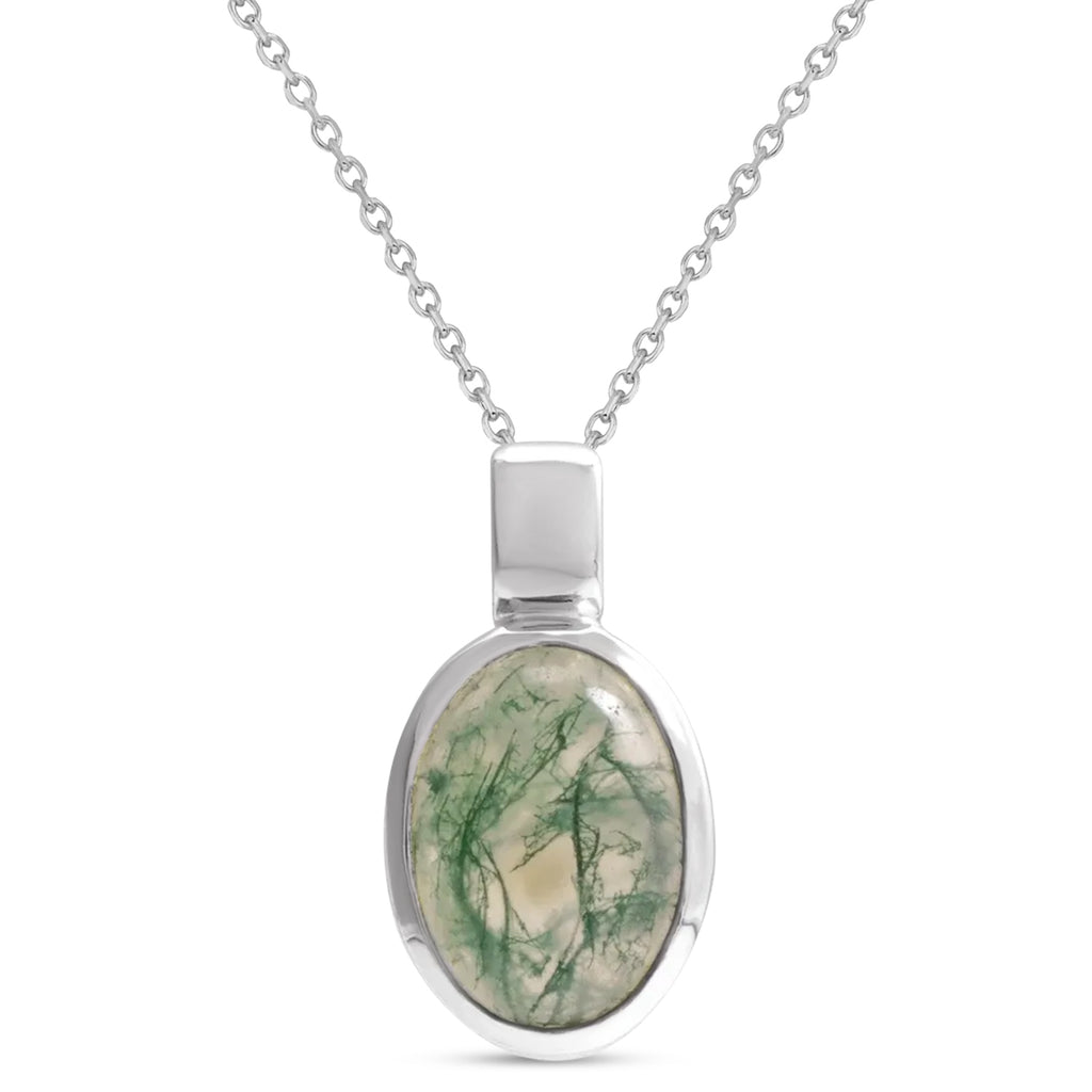 Oval Natural Cabochon Moss Agate Pendant Necklace 14K White Gold (0.72ct)
