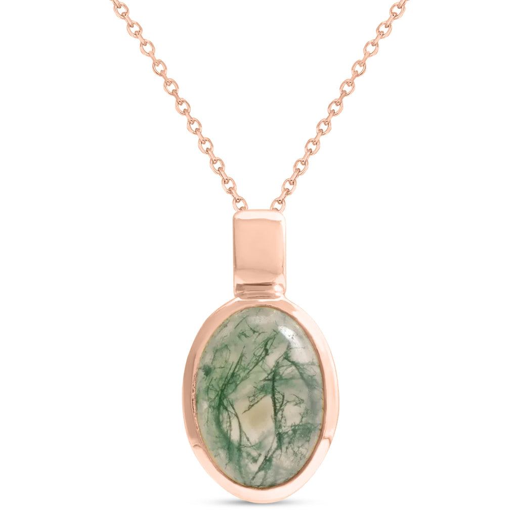 Oval Natural Cabochon Moss Agate Pendant Necklace 14K Rose Gold (0.72ct)