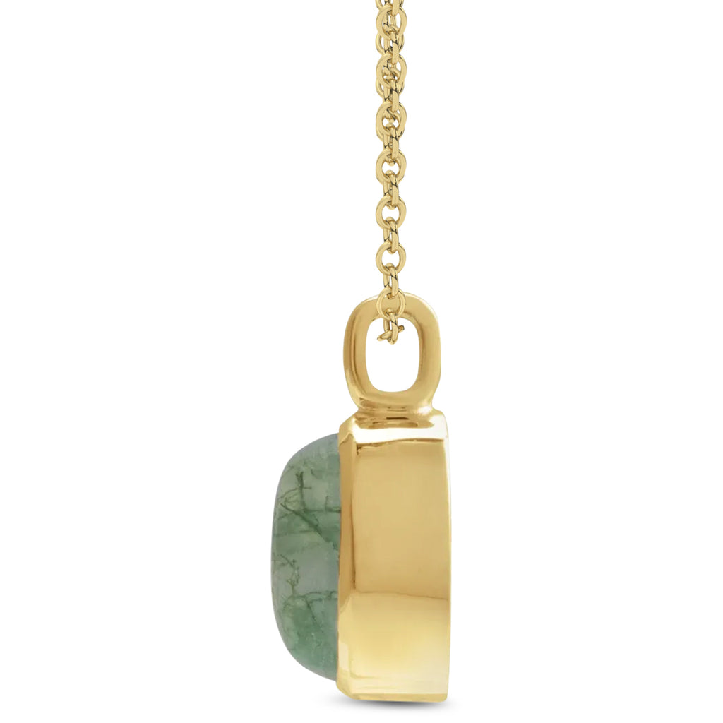 Oval Natural Cabochon Moss Agate Pendant Necklace 14K Yellow Gold (0.72ct)