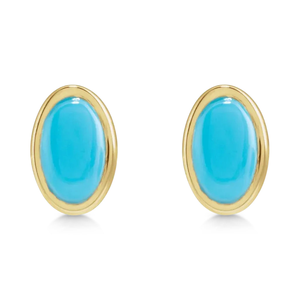 Oval Natural Cabochon Turquoise Stud Earrings 14K Yellow Gold (0.26ct)