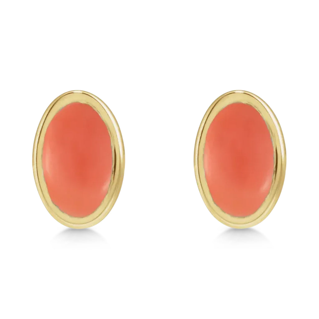 Oval Natural Cabochon Pink Coral Stud Earrings 14K Yellow Gold (0.23ct)