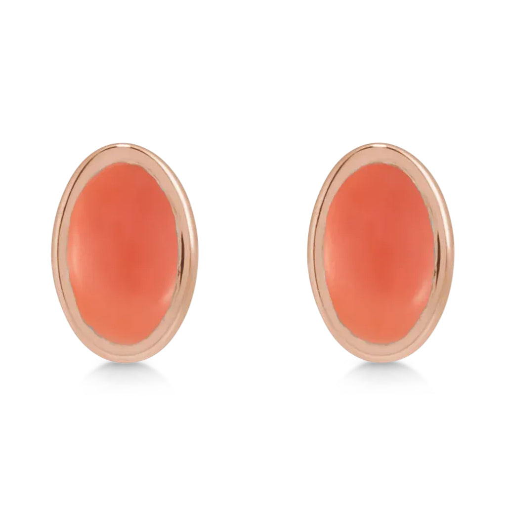 Oval Natural Cabochon Pink Coral Stud Earrings 14K Rose Gold (0.23ct)