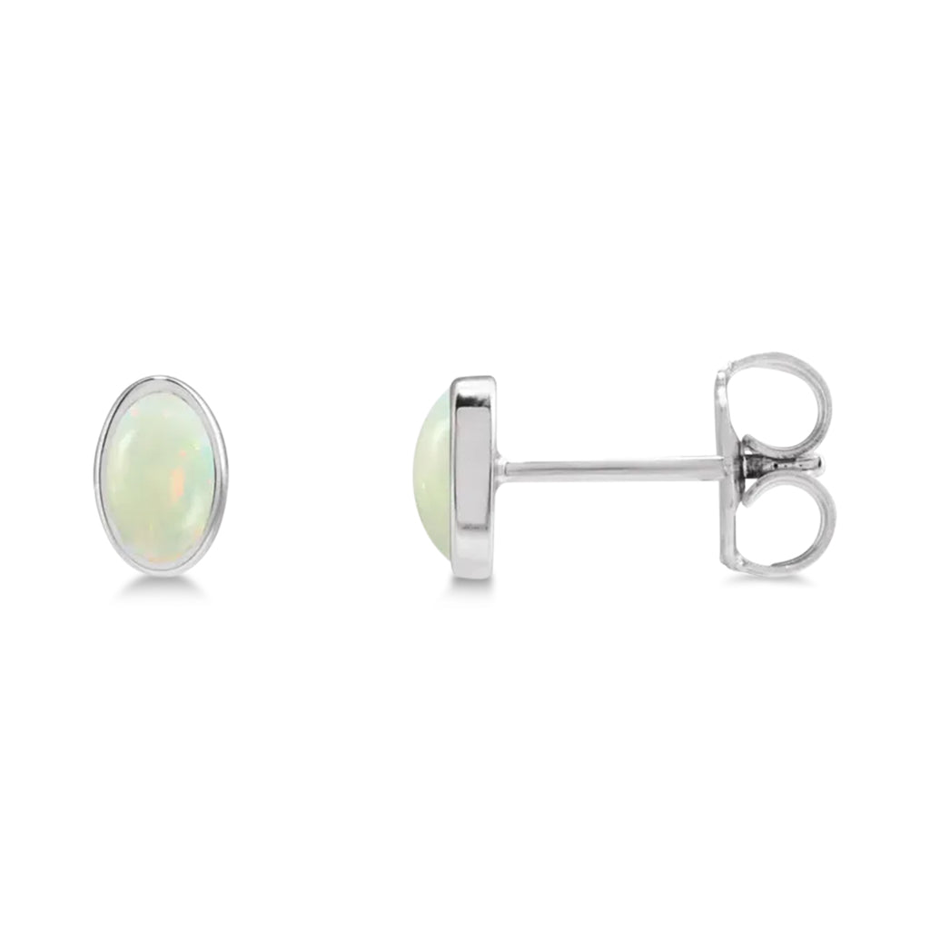 Oval Lab Cabochon White Opal Stud Earrings 14K White Gold (0.25ct)