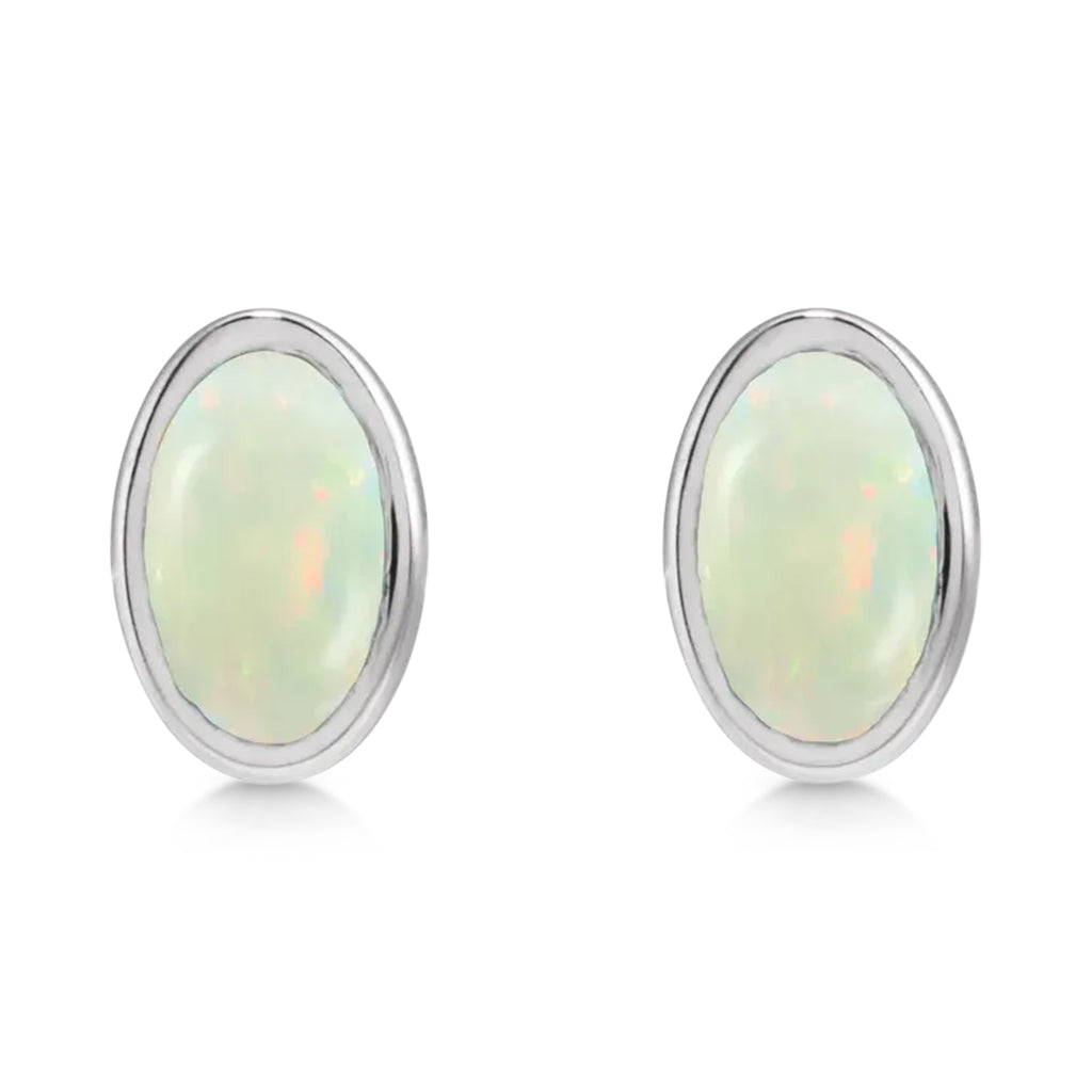 Oval Lab Cabochon White Opal Stud Earrings 14K White Gold (0.25ct)