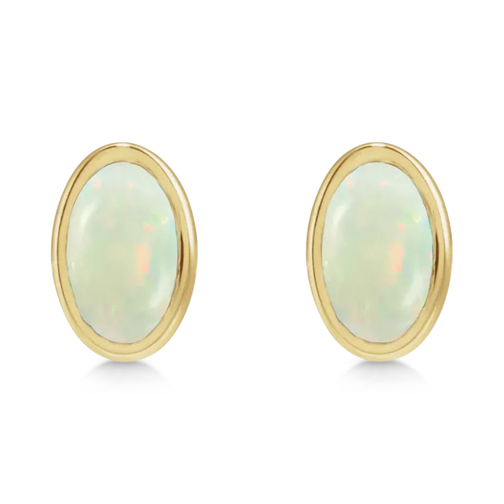 Oval Lab Cabochon White Opal Stud Earrings 14K Yellow Gold (0.25ct)