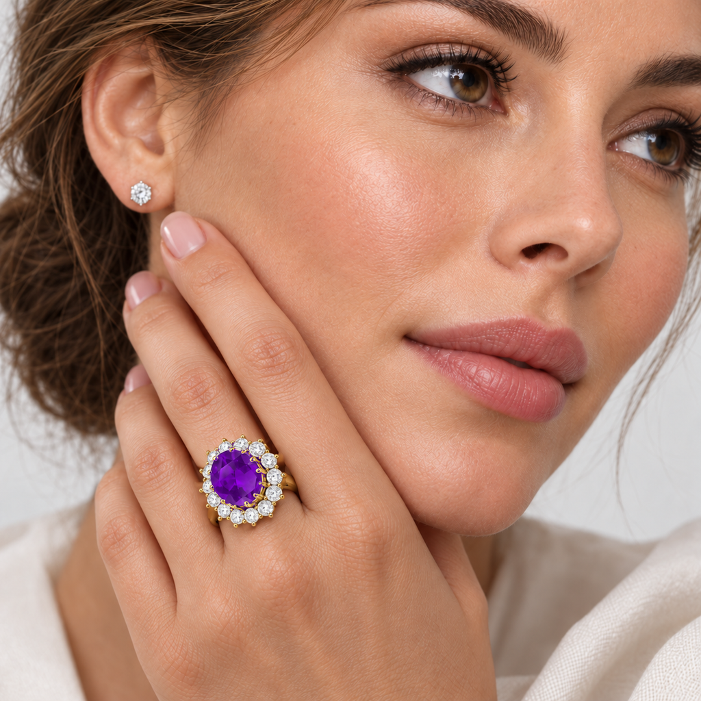 Natural oval amethyst and fourteen-diamond Lady Di halo ring in 14k yellow gold, 5.40ctw, studio portrait on left ring finger