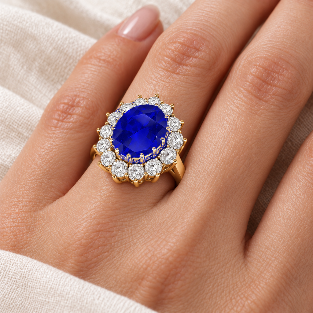 Natural oval blue sapphire and fourteen-diamond Lady Di halo ring in 18k yellow gold, 5.40ctw, linen close-up on left ring finger