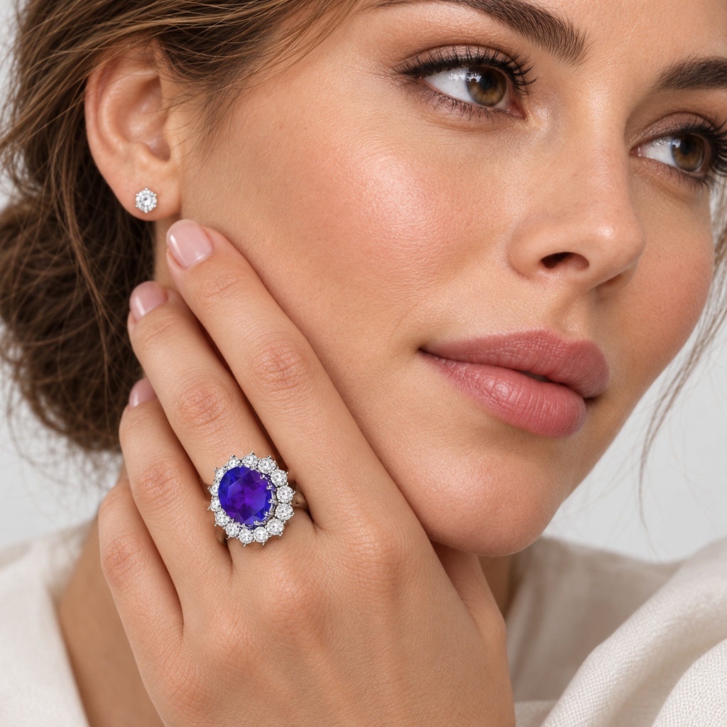 11x9mm oval lab alexandrite and fourteen lab-grown diamond Lady Di halo ring in 14k white gold, 5.40ctw, studio portrait on left ring finger