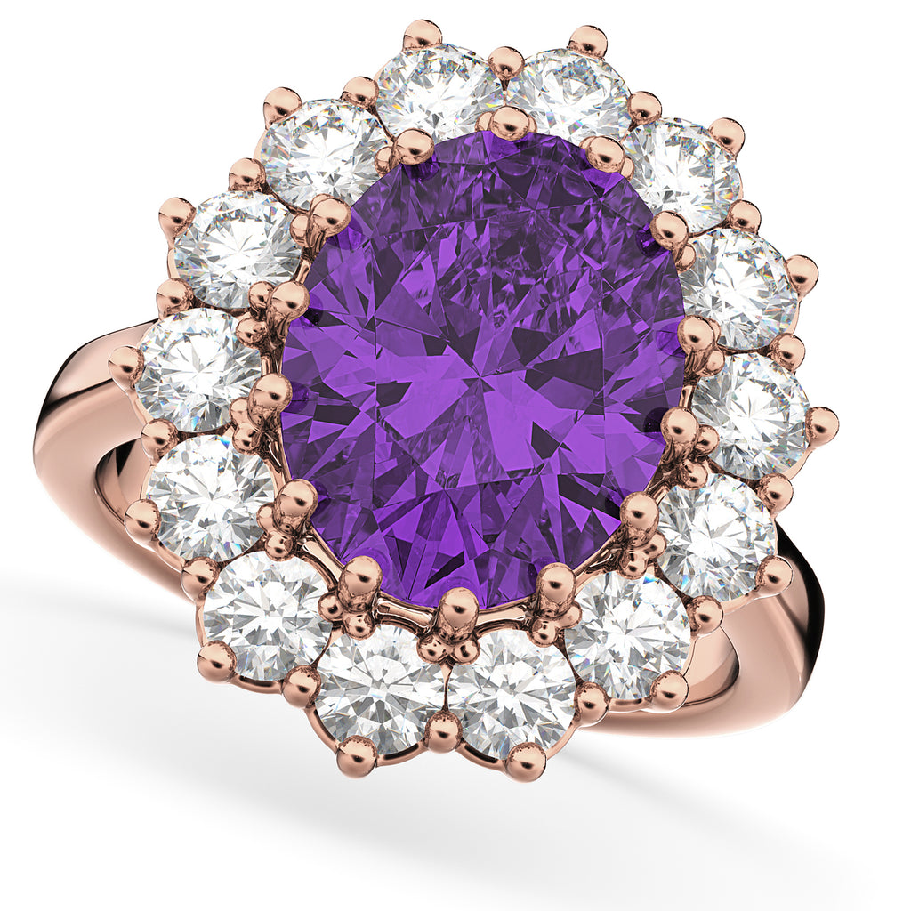 Oval Amethyst & Diamond Halo Lady Di Ring 18k Rose Gold (6.40ct)