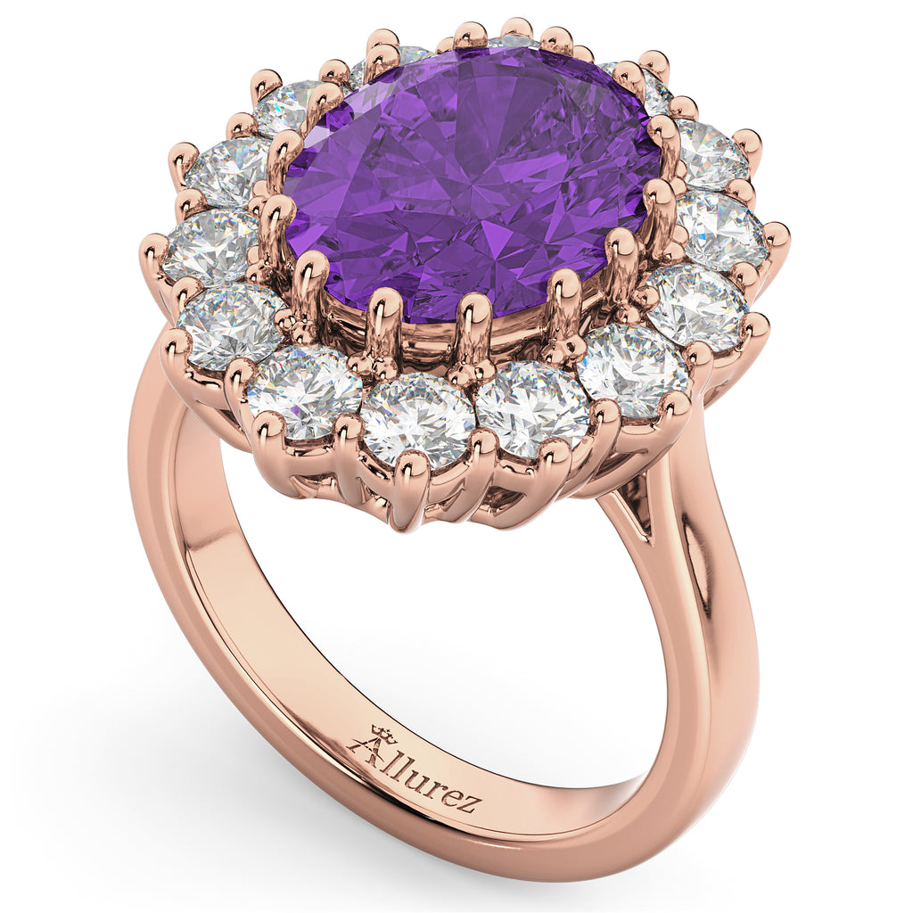 Oval Amethyst & Diamond Halo Lady Di Ring 18k Rose Gold (6.40ct)