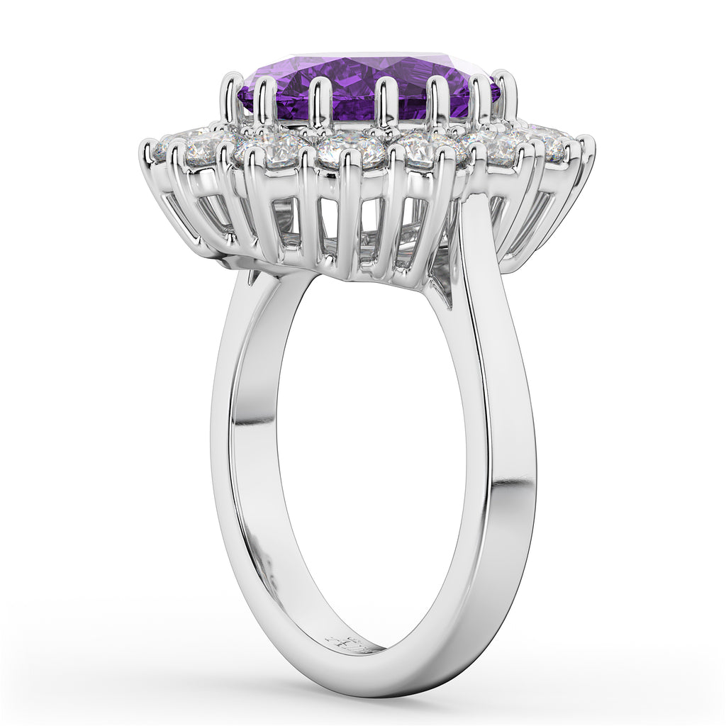 Oval Amethyst & Diamond Halo Lady Di Ring 18k White Gold (6.40ct)