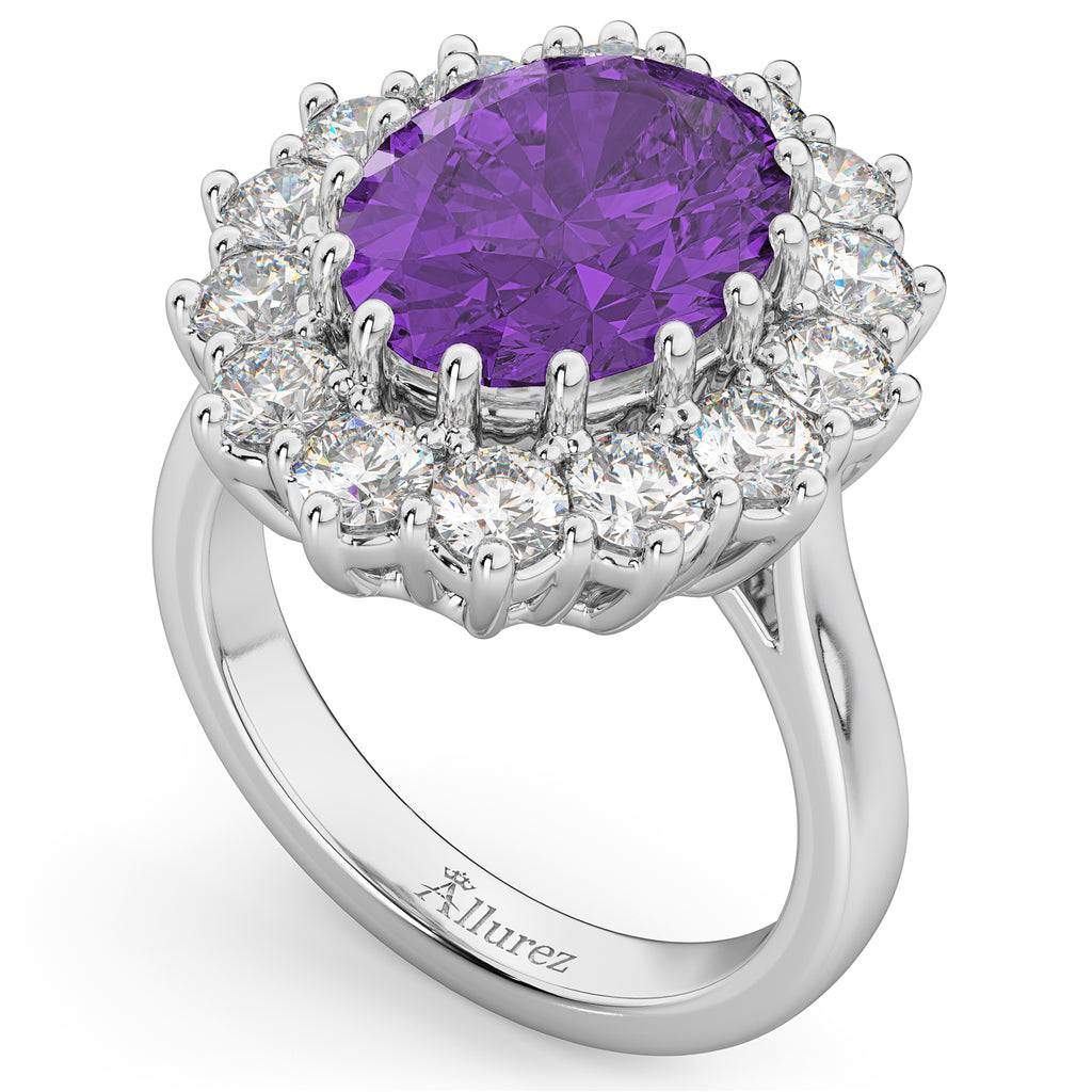 Oval Amethyst & Diamond Halo Lady Di Ring 18k White Gold (6.40ct)