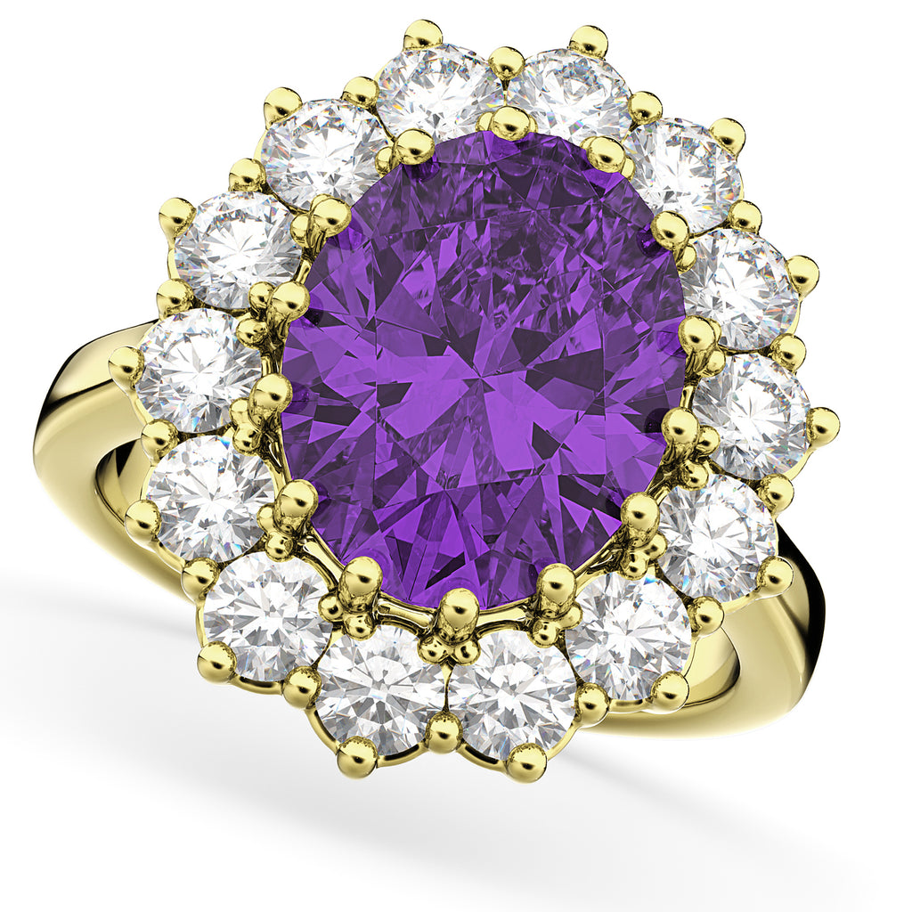 Oval Amethyst & Diamond Halo Lady Di Ring 18k Yellow Gold (6.40ct)