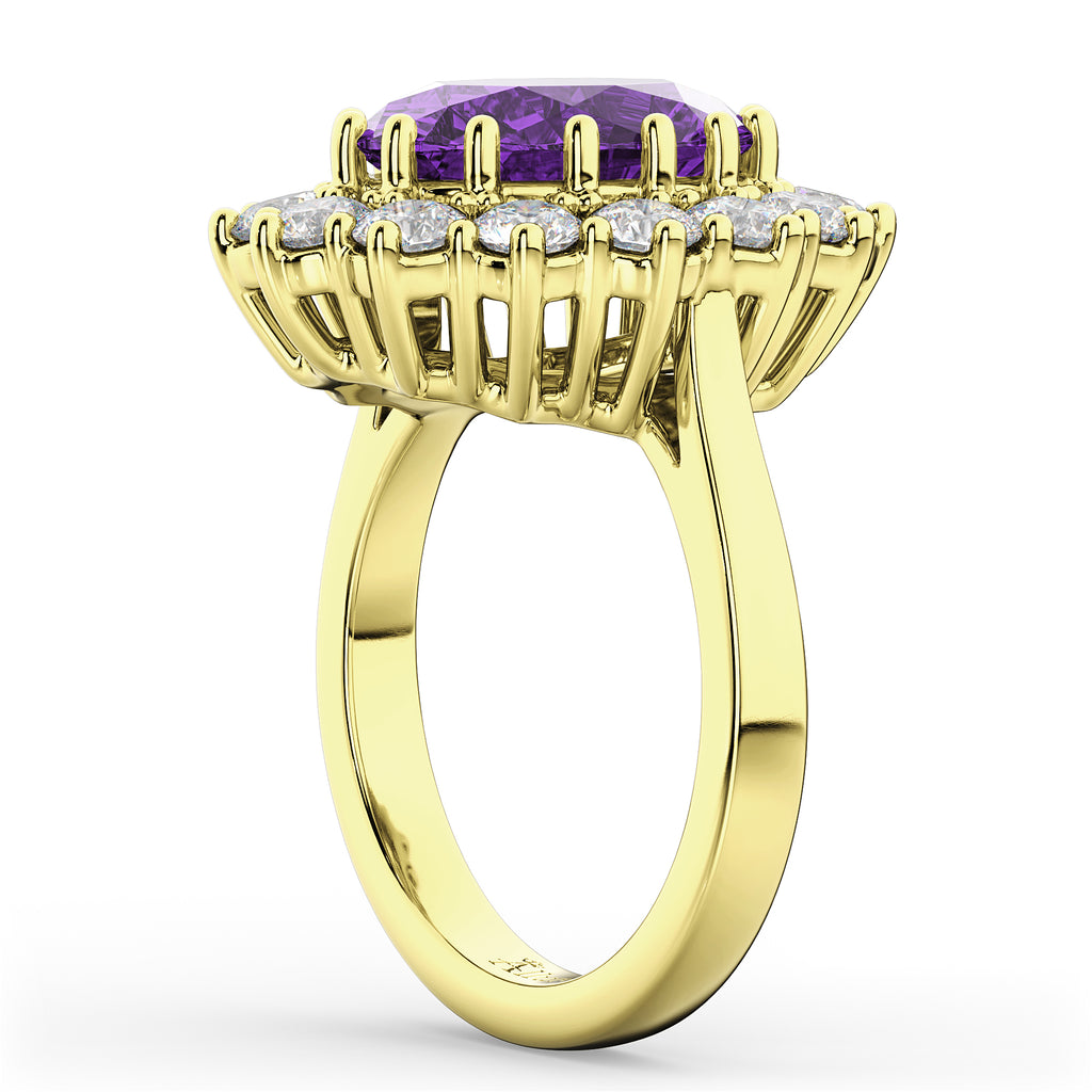 Oval Amethyst & Diamond Halo Lady Di Ring 18k Yellow Gold (6.40ct)