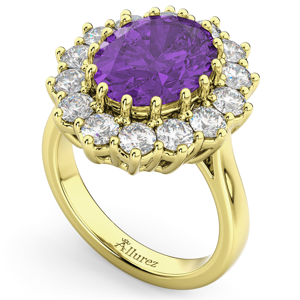 Oval Amethyst & Diamond Halo Lady Di Ring 18k Yellow Gold (6.40ct)