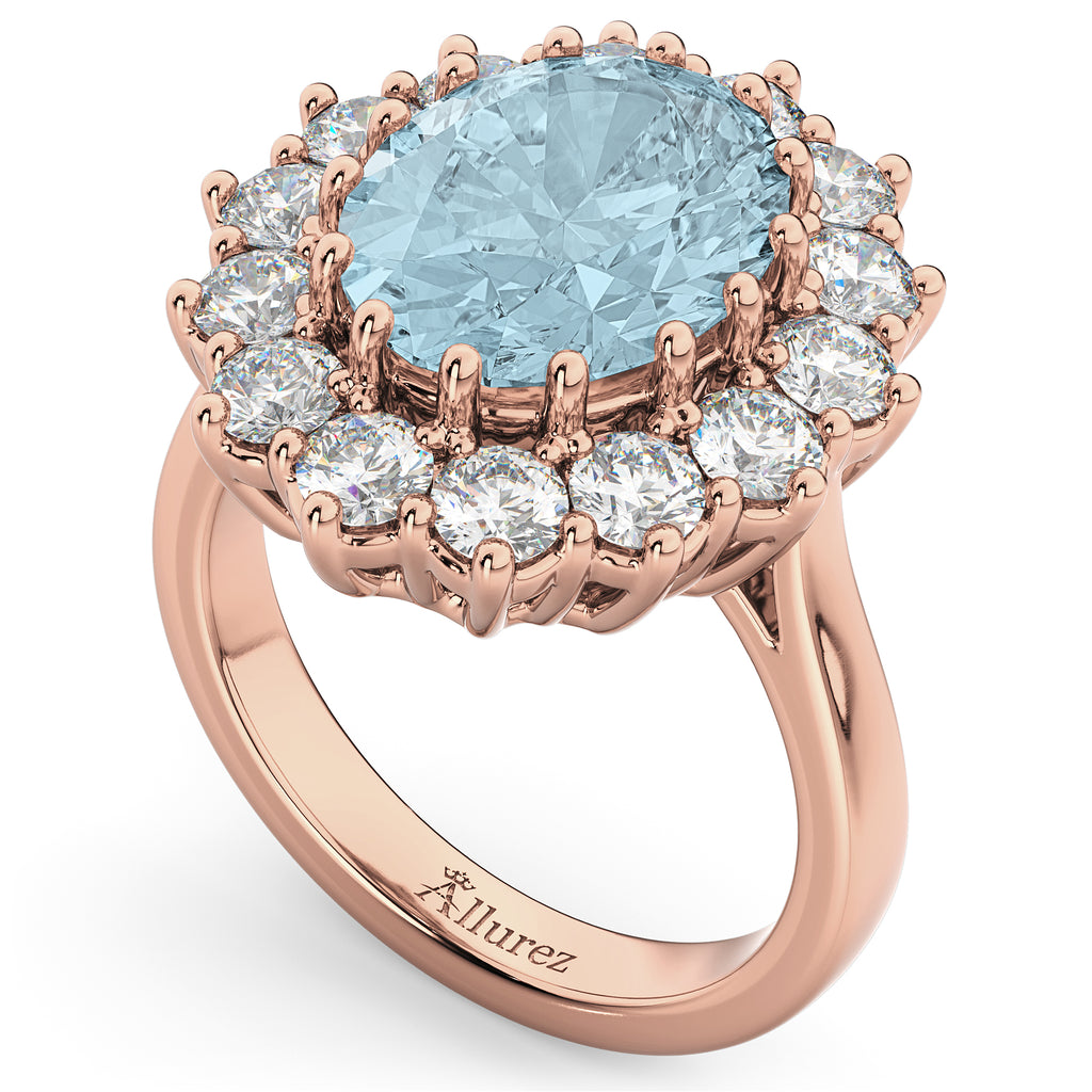 Oval Aquamarine & Diamond Halo Lady Di Ring 14k Rose Gold (6.40ct)