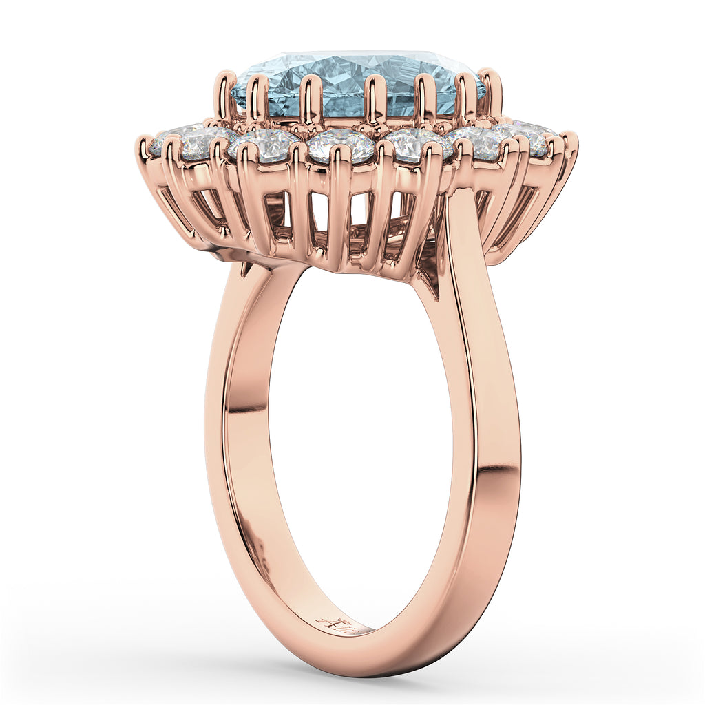 Oval Aquamarine & Diamond Halo Lady Di Ring 18k Rose Gold (6.40ct)